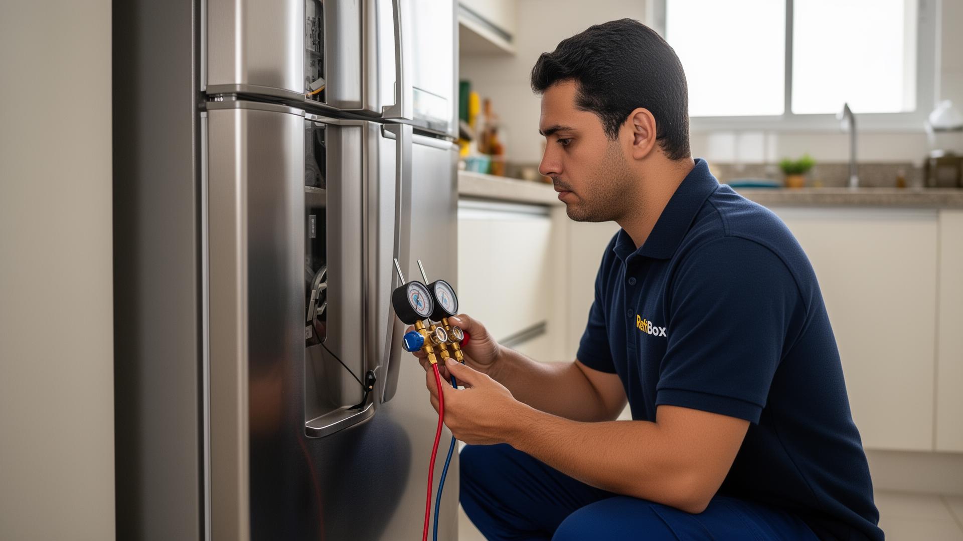 Técnico RefriBox de uniforme azul-marinho realizando manutenção na traseira de uma geladeira inox